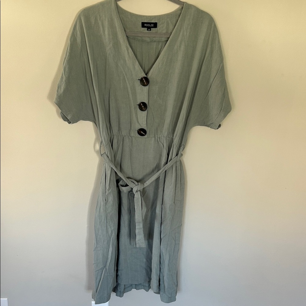 Roolee Sage Green V-Neck Midi Dress with Belt